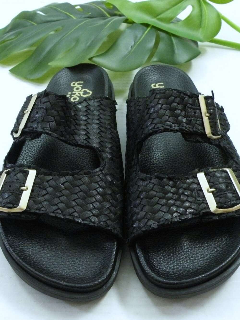 Worn Once! YOKONO black Leather Wedge Woven Strap Sandals SZ 9.5 (40)